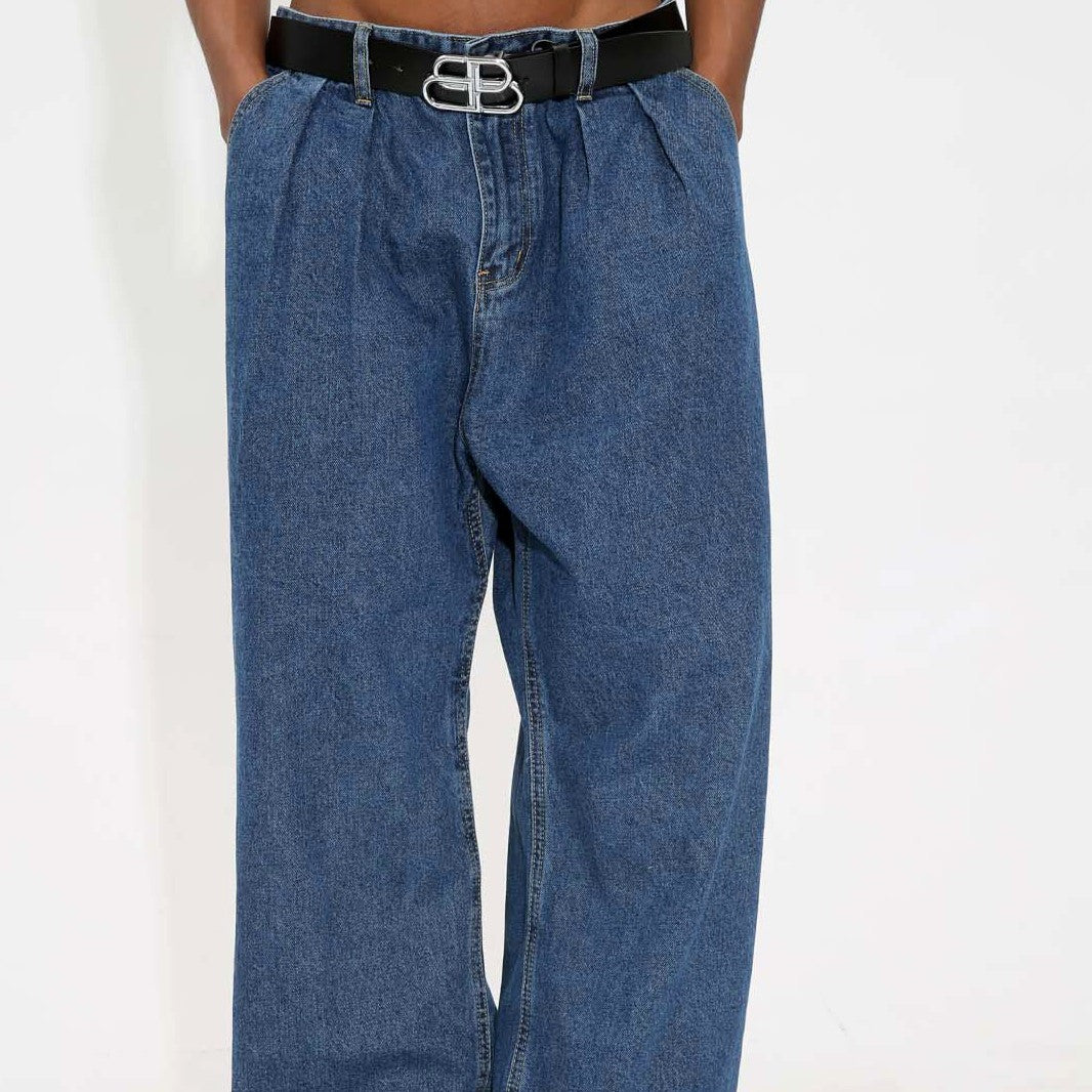 Mid-waist Wide Leg Straight Solid Color Jeans For Men